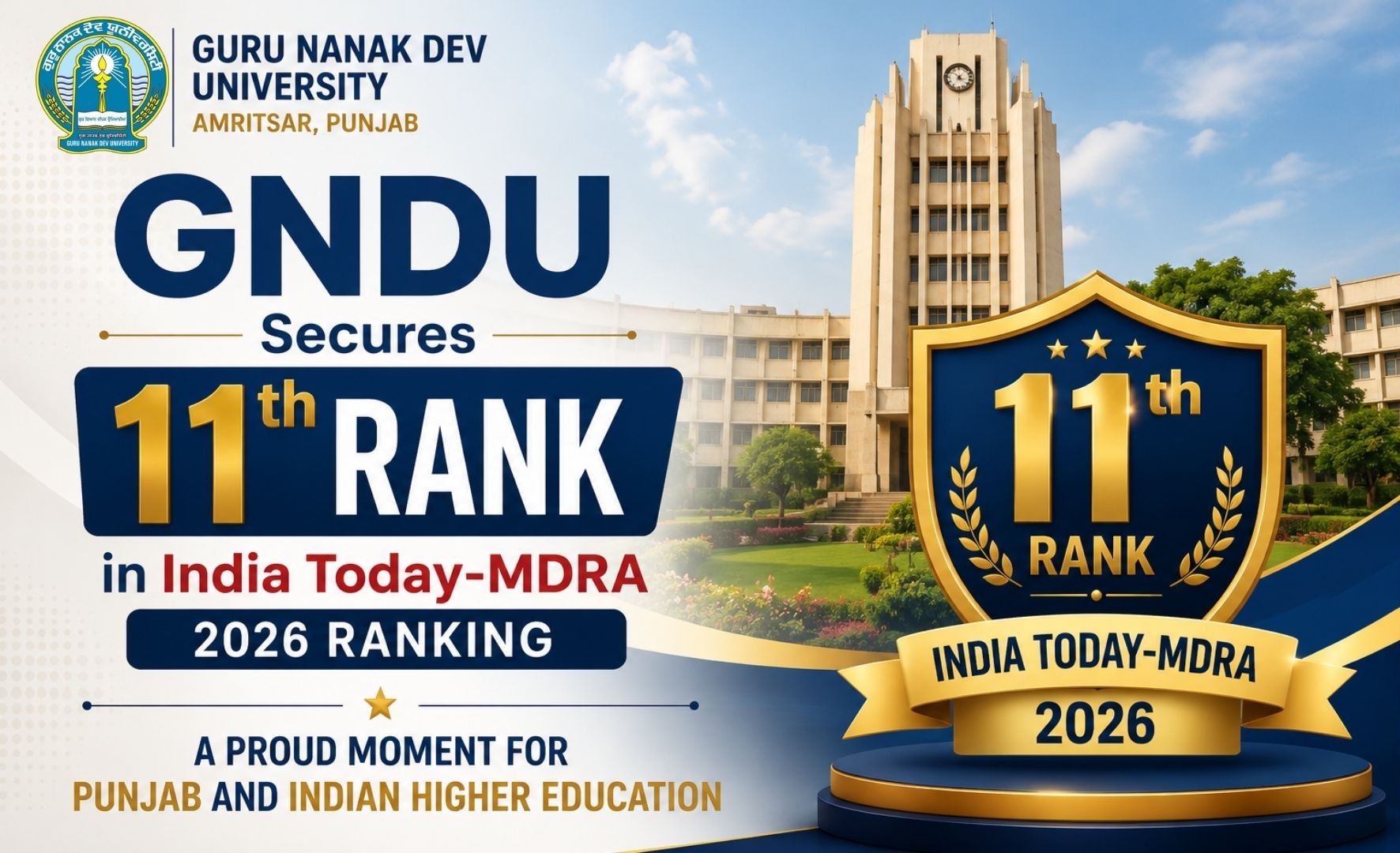 GNDU Secures 11th Rank in India Today-MDRA 2026 Ranking
